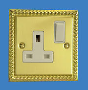 13 Amp 1 Gang Single Switched Socket - Georgian Brass - White Insert