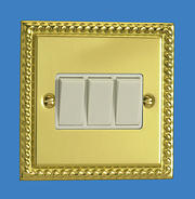 3 Gang 2 Way Light Switch - Georgian Brass - White Insert