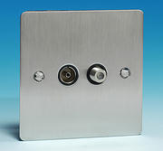 Twin TV Coaxial Aerial & Satellite Socket - Brushed Chrome  - Black Insert