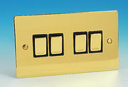4 Gang 2 Way Light Switch - Brass - Black Insert