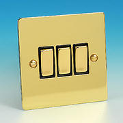 3 Gang 2 Way Light Switch - Brass - Black Insert