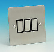 3 Gang 2 Way Light Switch - Brushed Chrome - Black Insert