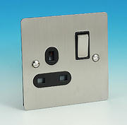 13 Amp Single Switched Socket - Brushed Chrome - Black Insert