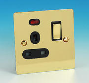 13 Amp Single Switched Socket + Neon - Brass - Black Insert