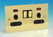 13 Amp Twin Switched Socket + Neon - Brass - Black Insert
