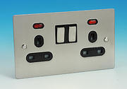 13 Amp Twin Switched Socket + Neon - Brush Chrome - Black Insert