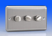 3 Gang 2 Way 400w Push on / Push off Dimmer Switch - Brushed Chrome