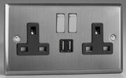 Varilight - Brushed Stainless Steel - Steel/Black - 13 Amp 2 Gang Switched Sockets + 2 x USB product image