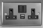 Varilight - Brushed Stainless Steel - Black - 13 Amp 2 Gang Switched Sockets + 2 x USB product image 2