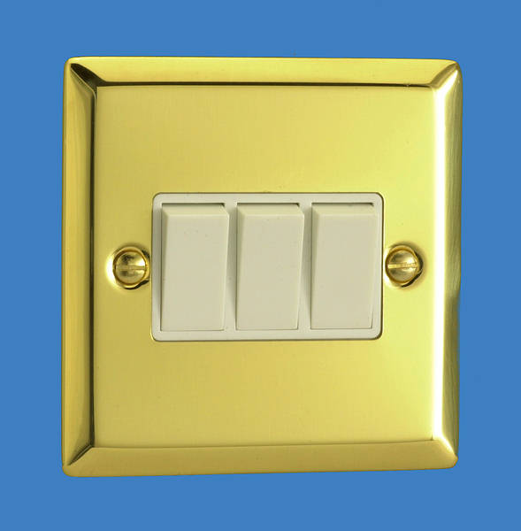 3 Gang 2 Way Light Switch Victorian Brass White Insert