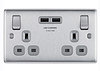 13 Amp 2 Gang Double DP Sw Socket c/w 2 x USB -Nexus - Brushed Steel - Grey