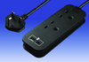 2 Way Trailing Extension Socket - Black c/w USB A+C 20W Fast Charger