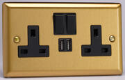 Varilight - 13 Amp 2 Gang Switched Socket c/w USB A + A - Classic Brushed Brass - Black product image