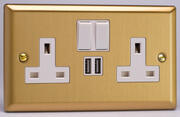 Varilight - 13 Amp 2 Gang Switched Socket c/w USB A + A - Classic Brushed Brass - White product image