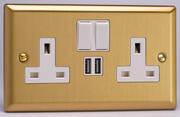 Varilight - 13 Amp 2 Gang Switched Socket c/w USB A + A - Classic Brushed Brass - White product image