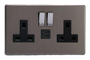 Varilight - Screwless Pewter - 2 Gang 13A Switched Socket + 2 x USB outlets product image 3