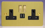 Varilight - Ultraflat Brushed Brass - Black - 13 Amp 2 Gang Switched Socket + 2 x USB product image