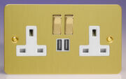 Varilight - Ultraflat Brushed Brass - White - 13 Amp 2 Gang Switched Socket + 2 x USB product image