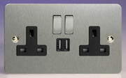 Varilight - Ultraflat Brushed Steel - Black - 13 Amp 2 Gang Switched Socket + 2 x USB product image