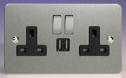 Varilight - Ultraflat Brushed Steel - Black - 13 Amp 2 Gang Switched Socket + 2 x USB product image 2