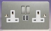 Varilight - Ultraflat Brushed Steel - White - 13 Amp 2 Gang Switched Socket + 2 x USB product image