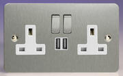 Varilight - Ultraflat Brushed Steel - White - 13 Amp 2 Gang Switched Socket + 2 x USB product image 2