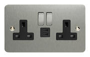Varilight - Ultraflat Brushed Steel - Black - 13 Amp 2 Gang Switched Socket + 2 x USB product image 3