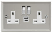 Varilight - Satin - White/Chrome - 13 Amp Switched Sockets + 2 x USB product image