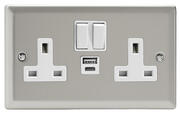 Varilight - Satin - White - 13 Amp 2 Gang Switched Sockets + 2 x USB product image