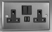 Varilight - Brushed Stainless Steel - Black - 13 Amp 2 Gang Switched Sockets + 2 x USB product image