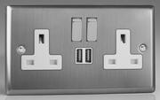 Varilight - Brushed Stainless Steel - Steel/Black - 13 Amp 2 Gang Switched Sockets + 2 x USB product image