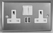 Varilight - Brushed Stainless Steel - White -13 Amp 2 Gang Switched Sockets + 2 x USB product image
