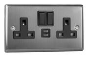 Varilight - Brushed Stainless Steel - Black - 13 Amp 2 Gang Switched Sockets + 2 x USB product image 3