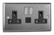 Varilight - Brushed Stainless Steel - Steel/Black - 13 Amp 2 Gang Switched Sockets + 2 x USB product image 3