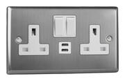 Varilight - Brushed Stainless Steel - White -13 Amp 2 Gang Switched Sockets + 2 x USB product image 3
