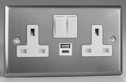 Varilight - Brushed Stainless Steel - White -13 Amp 2 Gang Switched Sockets + 2 x USB product image