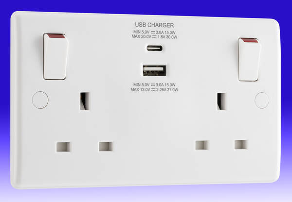 13A Twin Switched Socket with USB A & C - 30W - Nexus - White | BG