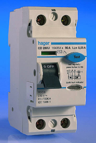 80 Amp 30mA RCD 2 Pole - Hager fuse distribution box main switch 