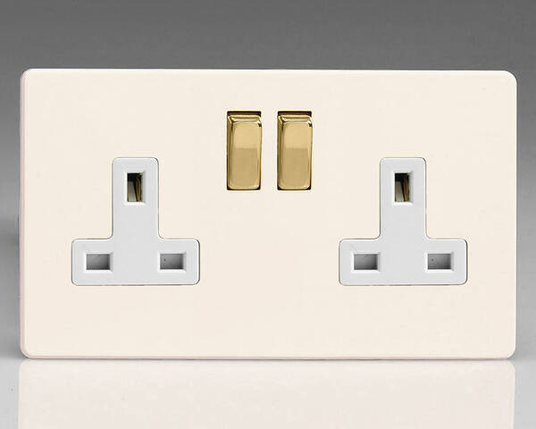 13 Amp 2 Gang DP Switched Socket - Screwless Primed/Brass/White | Varilight (XDY5VWS.PD)