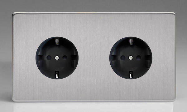 16A 2 Gang Euro Socket Brushed Stainless 