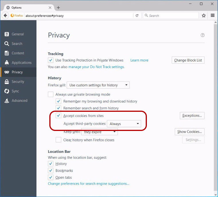 Firefox browser settings