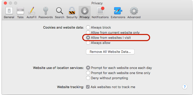 Safari browser settings